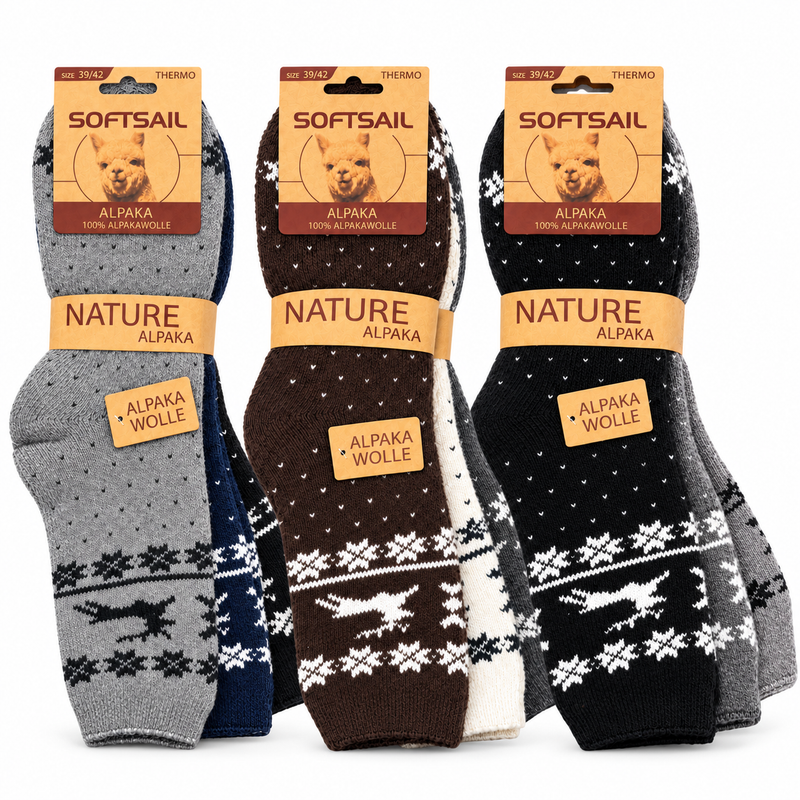 Alpaka Socken Herren und Damen aus 95 % Alpakawolle, Modell A1011 – Norweger-Muster mit Schneeflocken