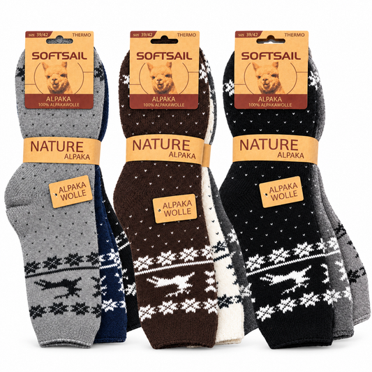Alpaka Socken Herren und Damen aus 95 % Alpakawolle, Modell A1011 – Norweger-Muster mit Schneeflocken