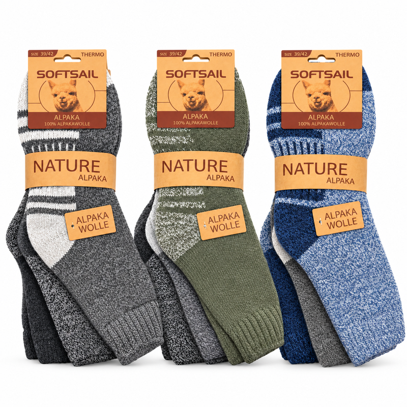 Alpaka Socken Herren und Damen aus 95 % Alpakawolle, Modell A1012 – Norweger-Muster mit Rentier und Schneeflocken