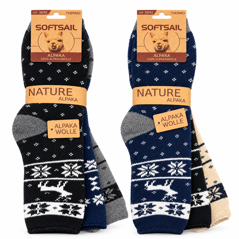 Alpaka Socken Herren und Damen aus 95 % Alpakawolle, Modell A1021 – buntes Rautenmuster im Ethno-Stil