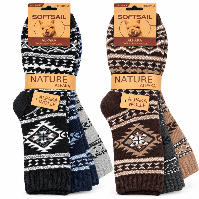 Alpaka Socken Herren und Damen aus 95 % Alpakawolle, Modell A1024 – Norweger-Muster mit Rentier und feinen Punkten