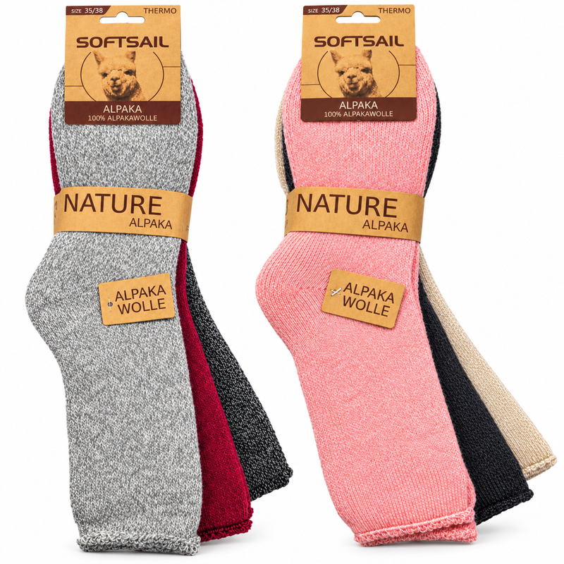 Alpaka Socken Damen aus 95 % Alpakawolle, Modell A2010 – schlichtes Uni-Design mit Rollrand