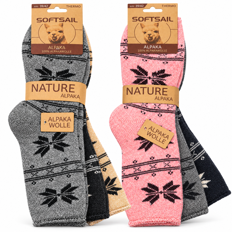 Alpaka Socken Damen aus 95 % Alpakawolle, Modell A2020 – Schneeflocken-Muster
