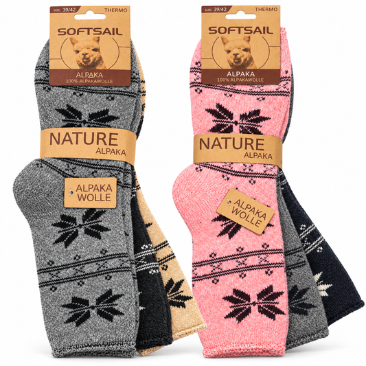 Alpaka Socken Damen aus 95 % Alpakawolle, Modell A2020 – Schneeflocken-Muster