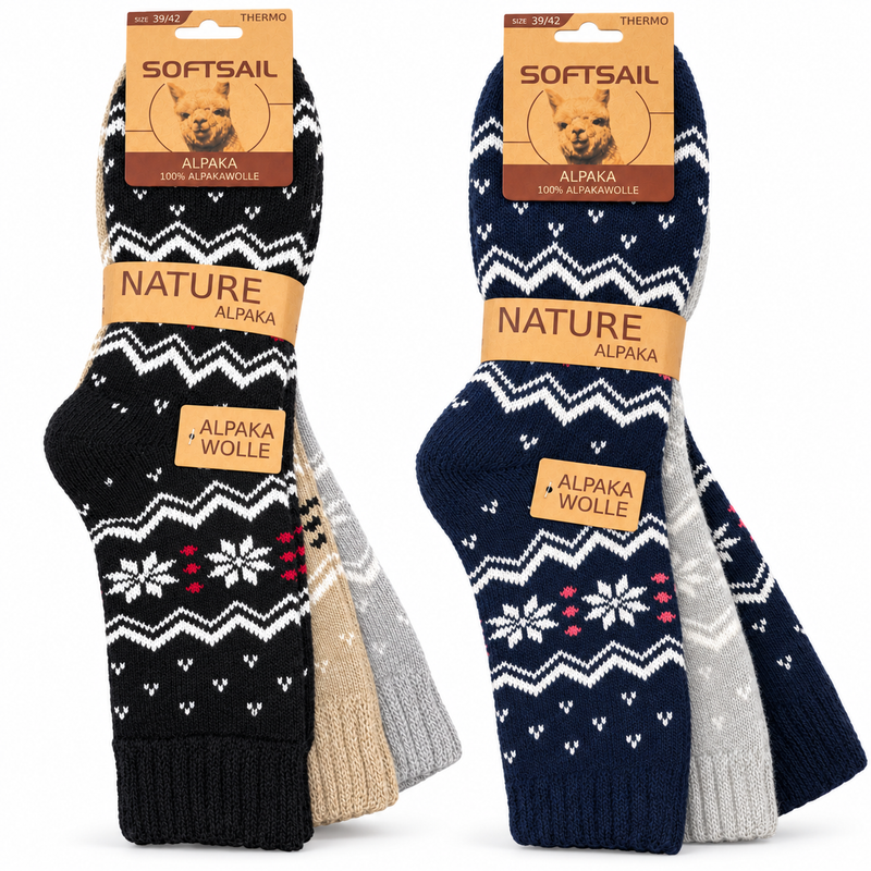 Alpaka Socken Damen aus 95 % Alpakawolle, Modell A2022 – Norweger-Muster mit Zickzack und Schneeflocken
