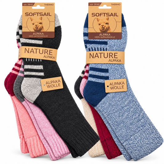 Alpaka Socken Damen aus 95 % Alpakawolle, Modell A2023 – Streifen-Design mit farblich abgesetzter Ferse