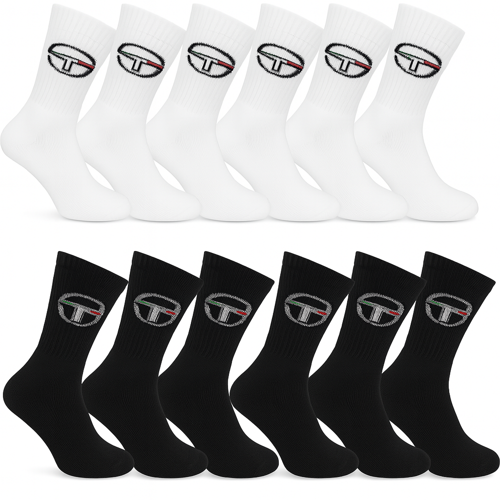 6/12 Paar Sergio Tacchini Socken | Ideal für Arbeit & Sport | Größen 39-46 | Schwarz & Weiß